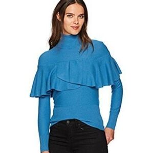 Tracy Reese | Celestial Blue Flounced Turtleneck Long Sleeve Knit Sweater Top